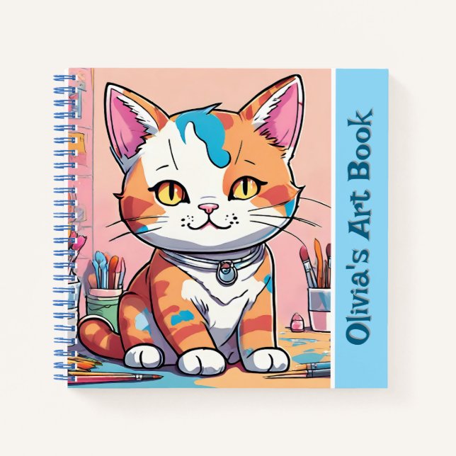 Niedliches Cat Art Sketchbook Pink Blue Spiral Not Notizbuch (Vorderseite)