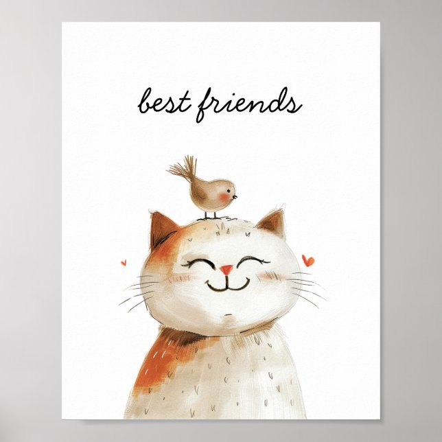 Niedliches Cat Bird Kinderzimmer für junge Freunde Poster (Vorne)