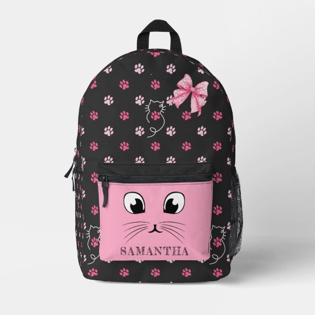 Niedliches Cat Coquette Bow Pink School Geschenk f Bedruckter Rucksack (Vorderseite)