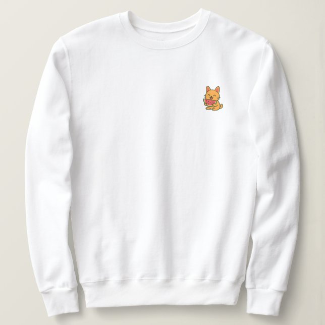 Niedliches Cat Eating Watermelon - Minimal Brust P Sweatshirt (Design vorne)