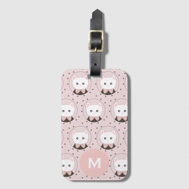 Niedliches Cat Face Pink Dotty Pattern Monogramm Gepäckanhänger (Vorderseite Vertikal)