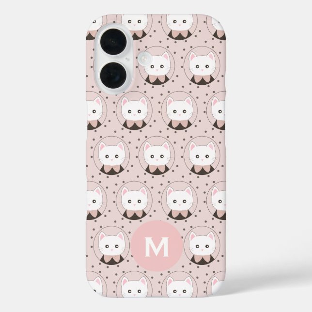 Niedliches Cat Face Pink Dotty Pattern Monogramm iPhone 16 Hülle (Rückseite)