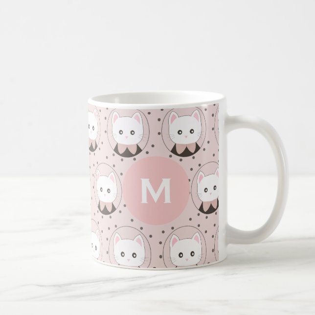 Niedliches Cat Face Pink Dotty Pattern Monogramm Kaffeetasse (Rechts)