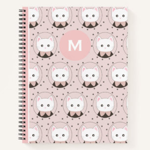Niedliches Cat Face Pink Dotty Pattern Monogramm Notizbuch
