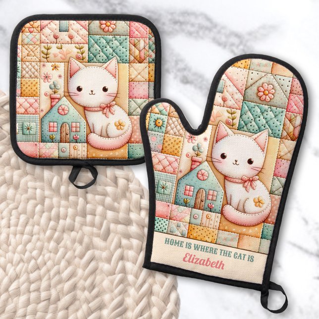 Niedliches Cat House Quilt Patchwork Pastel Indivi Ofenhandschuh & Topflappen-Set (Cute Cat House Quilt Patchwork Pastel Custom Name Oven Mitt & Pot Holder Set)