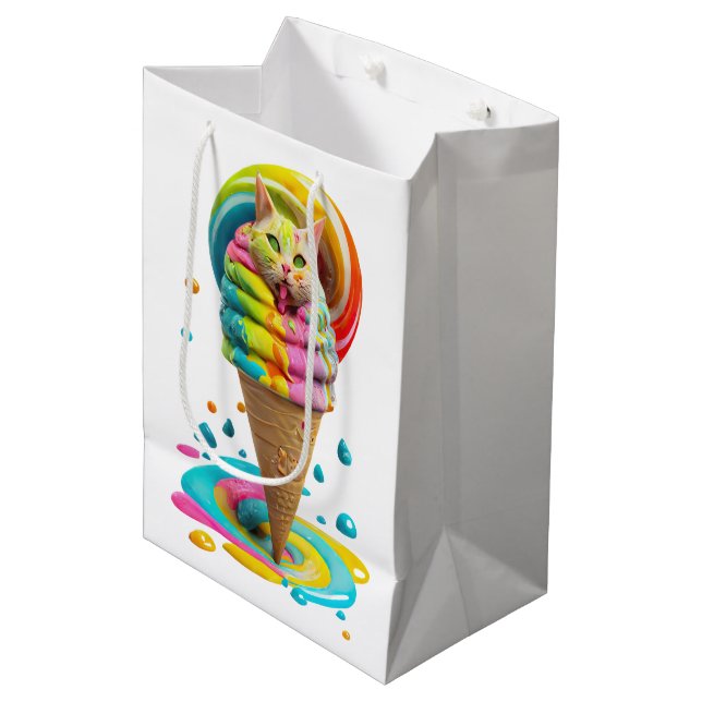 Niedliches Cat Ice Creme Cone farbig Mittlere Geschenktüte (Vorderseite Schrägansicht)