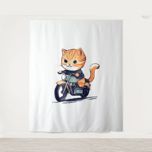 NIEDLICHES CAT-Reiten auf einem klassischen Motorr Wandteppich
