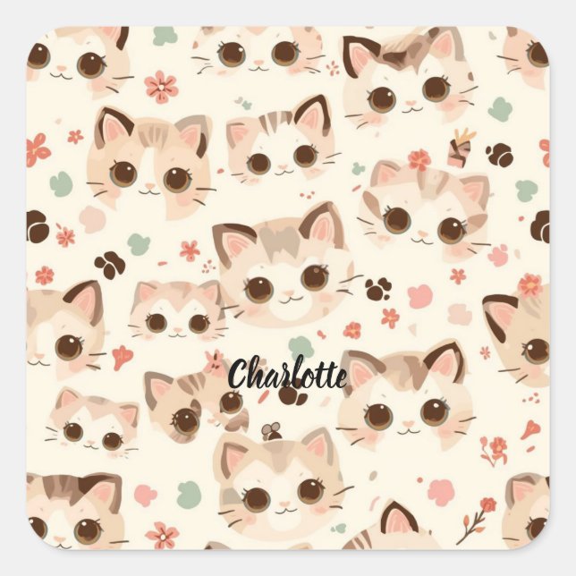 Niedliches Cat simple pet kitta Pattern Party Quadratischer Aufkleber (Vorderseite)