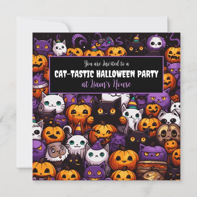 Niedliches Cat Themed Halloween-Party Einladung (Vorderseite)