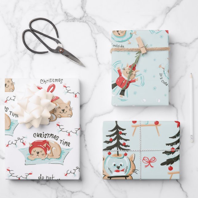 Niedliches Cat Themed MeowChristmas Pattern Geschenkpapier Set (Vorderseite)