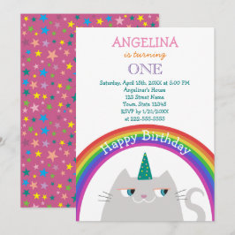 Niedliches Cat Unicorn Girl 1. Geburtstag Einladung