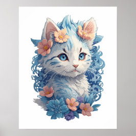 Niedliches Cat Watercolor-Gemälde mit floralem Spl Poster