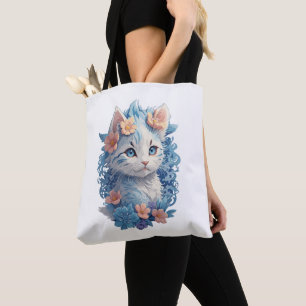 Niedliches Cat Watercolor-Gemälde mit floralem Spl Tasche