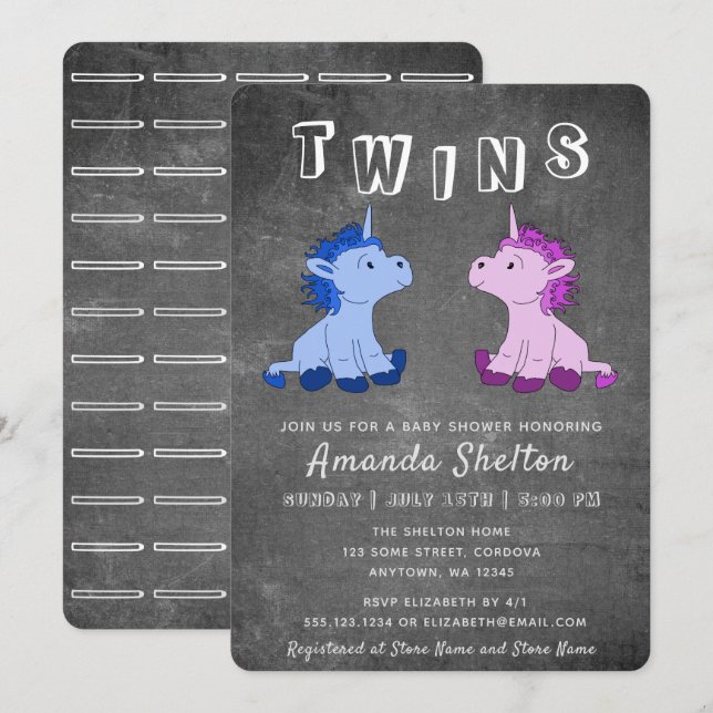 Niedliches Chalkboard Unicorn Boy Girl Twins Kinde Einladung (Vorne/Hinten)