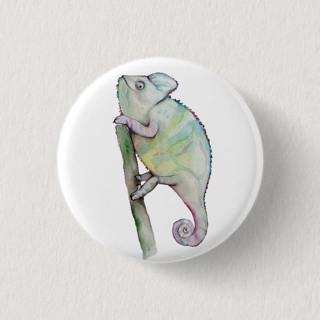 Niedliches Chamäleon in Aquarellfarbe Button (Vorderseite)