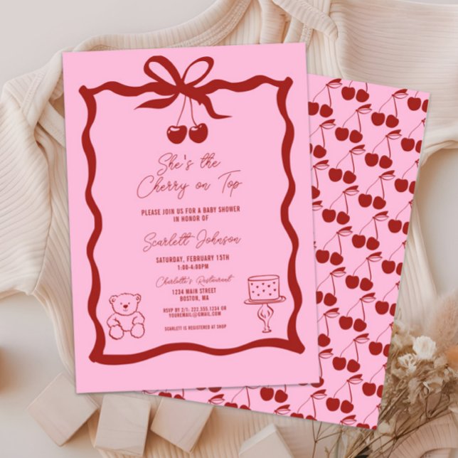 Niedliches Cherry auf der Rosa- und Rot-Baby-Dusch Einladung (She's the Cherry on Top Baby Shower Invitation, It's a Girl, Pink and Red, Hand Drawn, Bow, Chic)