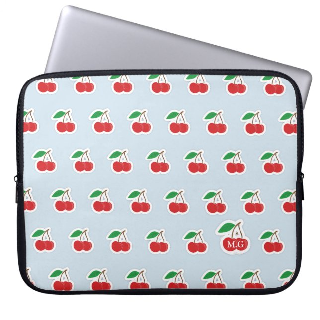 Niedliches Cherry-Muster auf hellblauer Monogramm Laptopschutzhülle (Vorderseite)