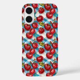 Niedliches Cherry und blaues Kariertes Muster iPhone 16 Hülle