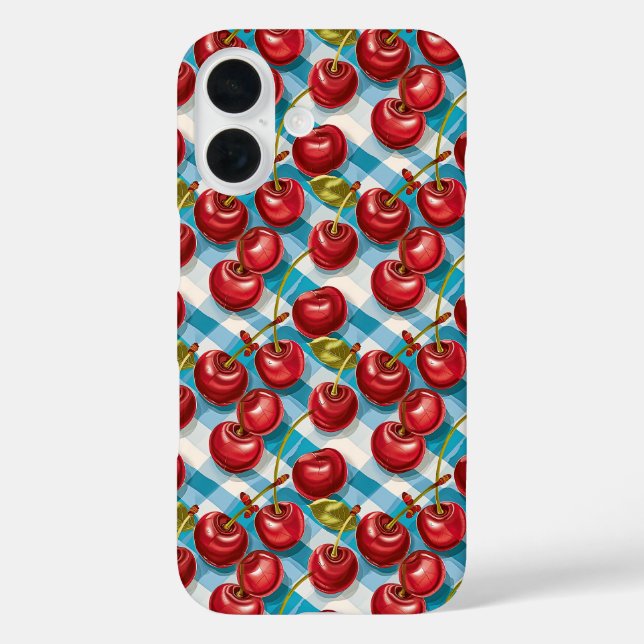 Niedliches Cherry und blaues Kariertes Muster iPhone 16 Hülle (Rückseite)