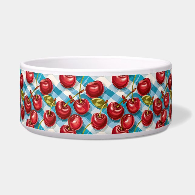 Niedliches Cherry und blaues Kariertes Muster Napf (Vorderseite)
