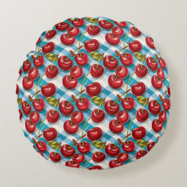Niedliches Cherry und blaues Kariertes Muster Rundes Kissen