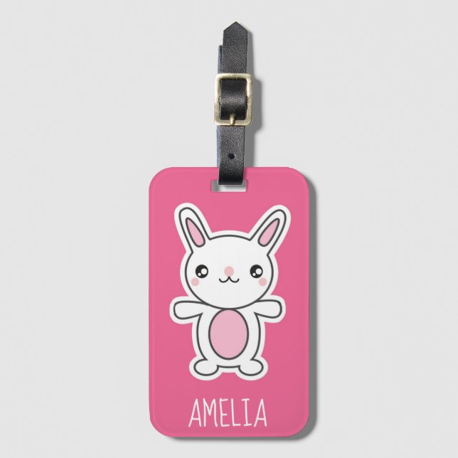 Niedliches Chibi Häschen-Rosa personalisiert Gepäckanhänger (Vorderseite Vertikal)