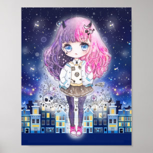 Niedliches Chibi-Mädchen in einer Stadt der Sterne Poster