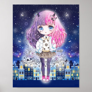 Niedliches Chibi-Mädchen in einer Stadt der Sterne Poster