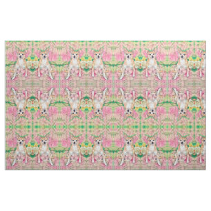 Niedliches Chihuahua Art Pink Green Dog Portrait Stoff
