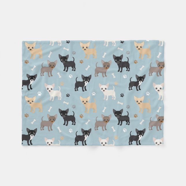 Niedliches Chihuahua-Muster-Blau Fleecedecke (Vorderseite (Horizontal))