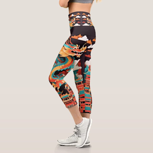 Niedliches Chinesisches Neujahr Dragon Origami HWC Capri Leggings (Links)