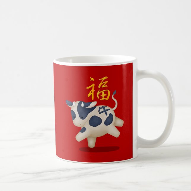 Niedliches Chinesisches Zodiac Ox "Fortune" Rot Kaffeetasse (Rechts)