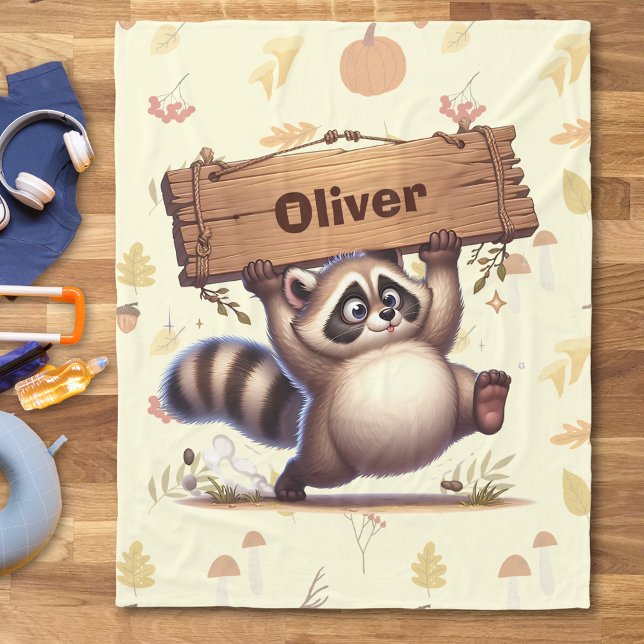 Niedliches Chubby Raccoon mit Holzschild Fleecedecke (Von Creator hochgeladen)
