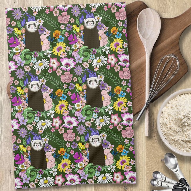 Niedliches Cioccolate Sable Ferret Blumengrün Geschirrtuch (Von Creator hochgeladen)