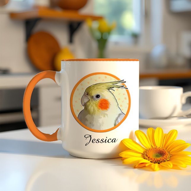 Niedliches Cockatiel Pet Bird Fun Modernes Papagep Tasse (Personalized Cockatiel mug with a cheerful pet bird portrait, framed proudly inside a pop of orange.)