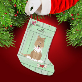 Niedliches Collie Hund Grünes Holzzaun Monogramm Kleiner Weihnachtsstrumpf