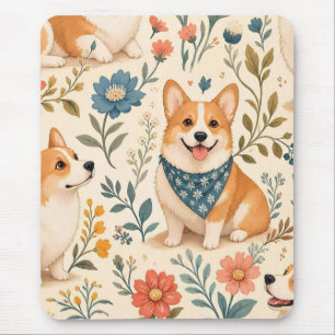 Niedliches Corgi-Blumengarten-Muster Mousepad