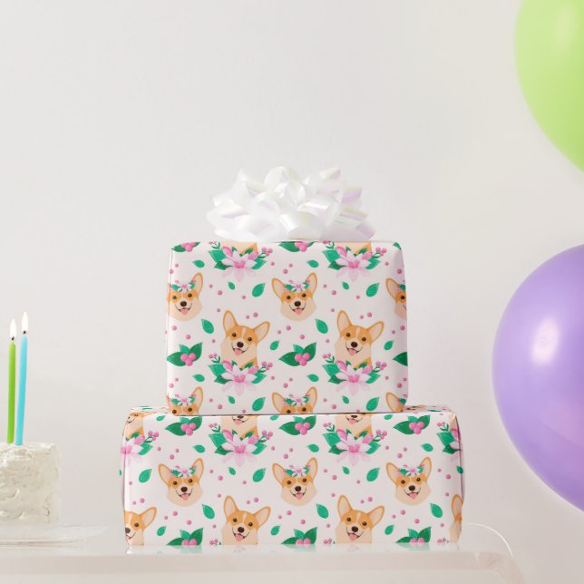 Niedliches Corgi Floral Wrapping Paper Geschenkpapier (Partygeschenke)