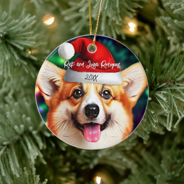 Niedliches Corgi mit Weihnachtsmannmützen Weihnach Keramik Ornament (Baum)