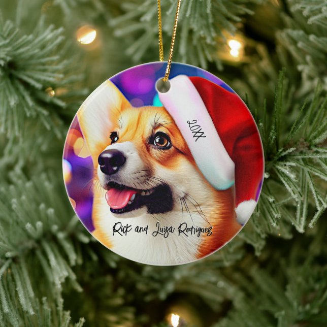 Niedliches Corgi mit Weihnachtsmannmützen Weihnach Keramik Ornament (Baum)