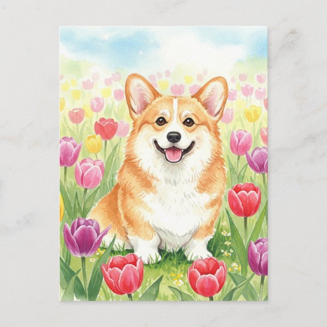 Niedliches Corgi Tulips Postkarte (Vorderseite)