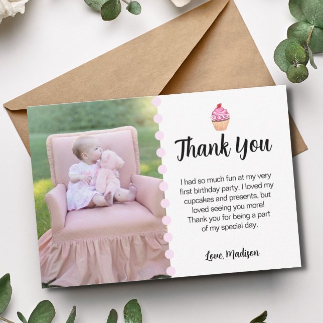 Niedliches Cupcake Pink Girly First Birthday Party Dankeskarte (Von Creator hochgeladen)