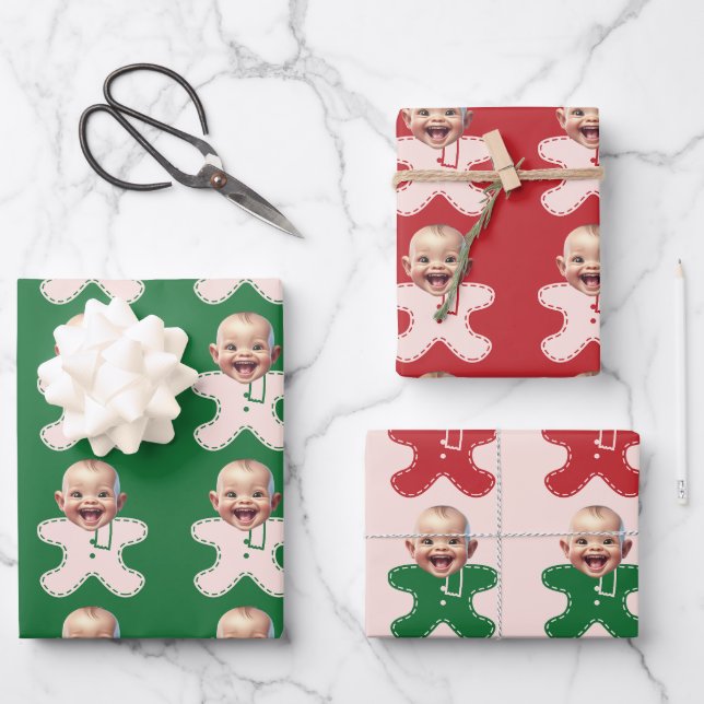 Niedliches Custom Face Foto Lebkuchen Weihnachten Geschenkpapier Set (Vorderseite)