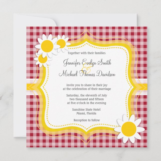 Niedliches Daisy auf Carmine Red Gingham; Checked Einladung (Vorderseite)