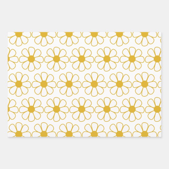 Niedliches Daisy Muster Mustard Gold und White Geschenkpapier Set (Vorderseite)