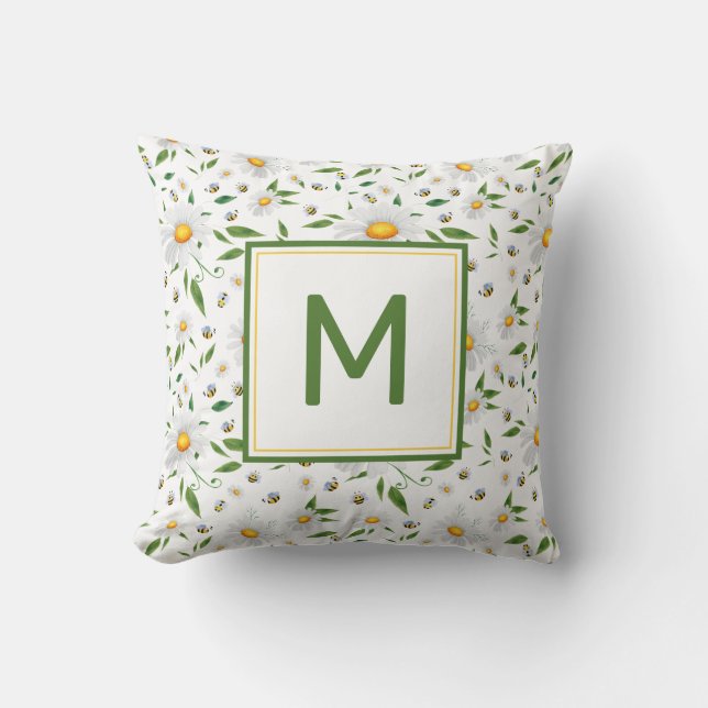 Niedliches Daisy- und Bienenmonogramm-Muster Kissen (Vorderseite)