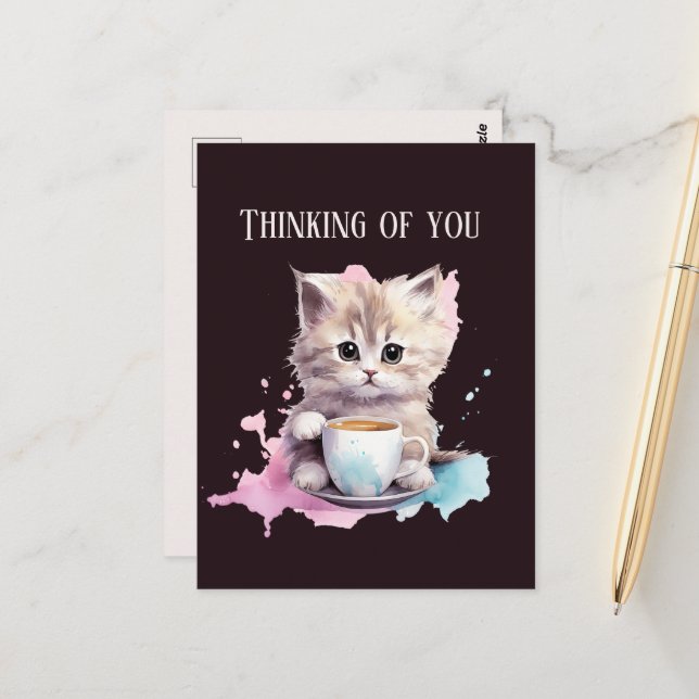 Niedliches Denken an deine Kaffeekatze Postkarte (Vorderseite/Rückseite Beispiel)