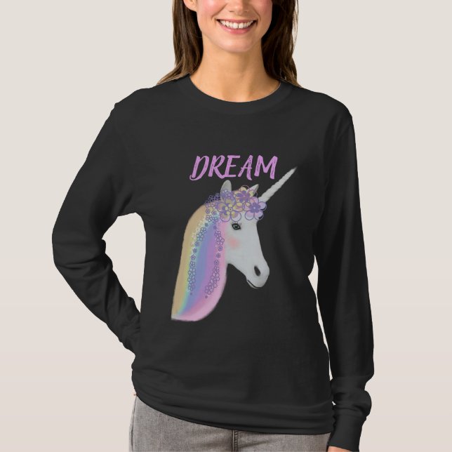 Niedliches der Unicorn-Gesichts-langer Hülsen-T - T-Shirt (Vorderseite)