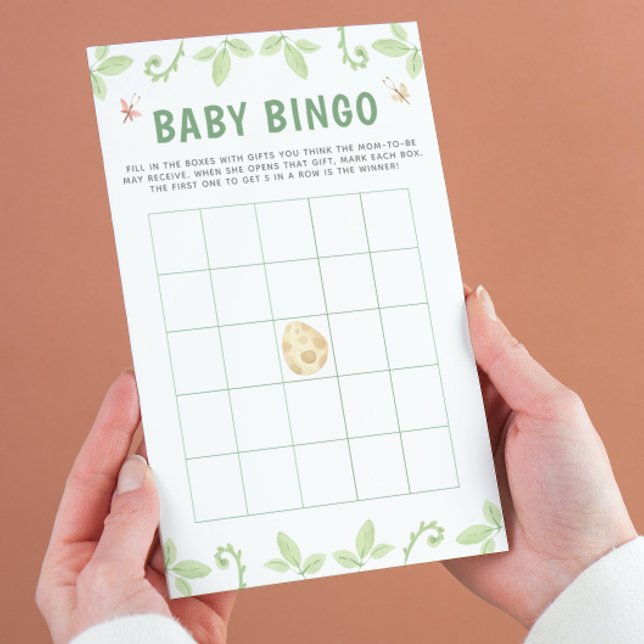 Niedliches Dinosaur Baby Dusche Green Bingo Spiel Flyer (Get ready for a Jurassic celebration with our adorable dinosaur baby shower bingo game! 🦕)