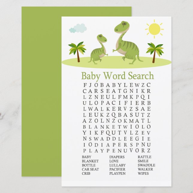 Niedliches Dinosaur Baby Dusche Word Search Game (Vorne/Hinten)